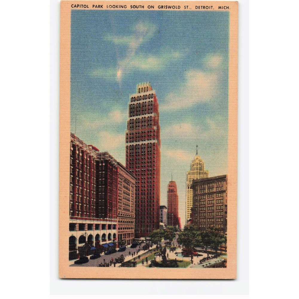 Vintage 1948 Detroit Michigan Capitol Park Griswold St Linen Postcard VG
